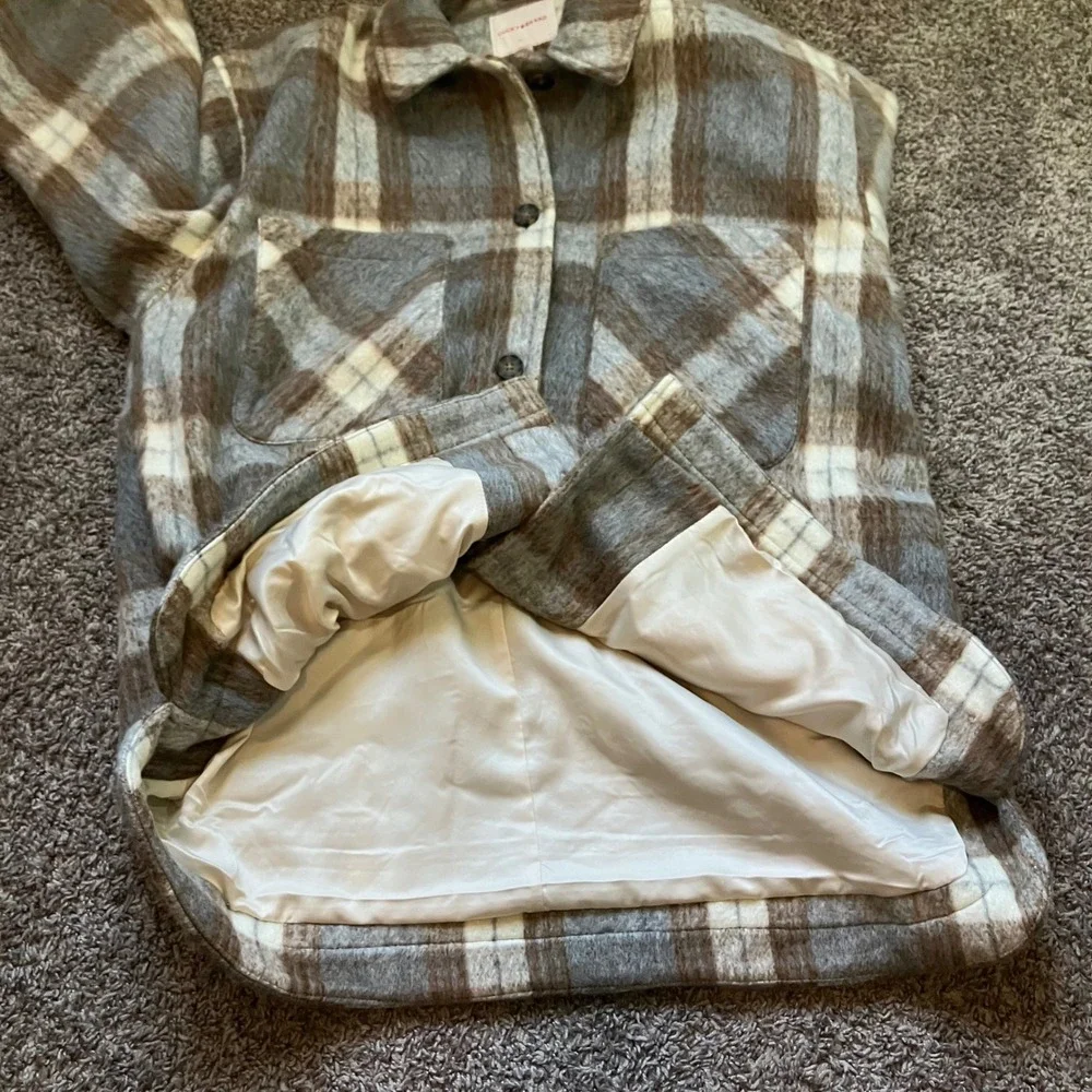 Lucky Brand Plaid Shacket Womens XL Grey Brown Oversize‎ Shirt Jacket New